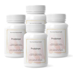 Nourished Natural Health ProbIron bottle label showing vegan iron support for energy and digestion