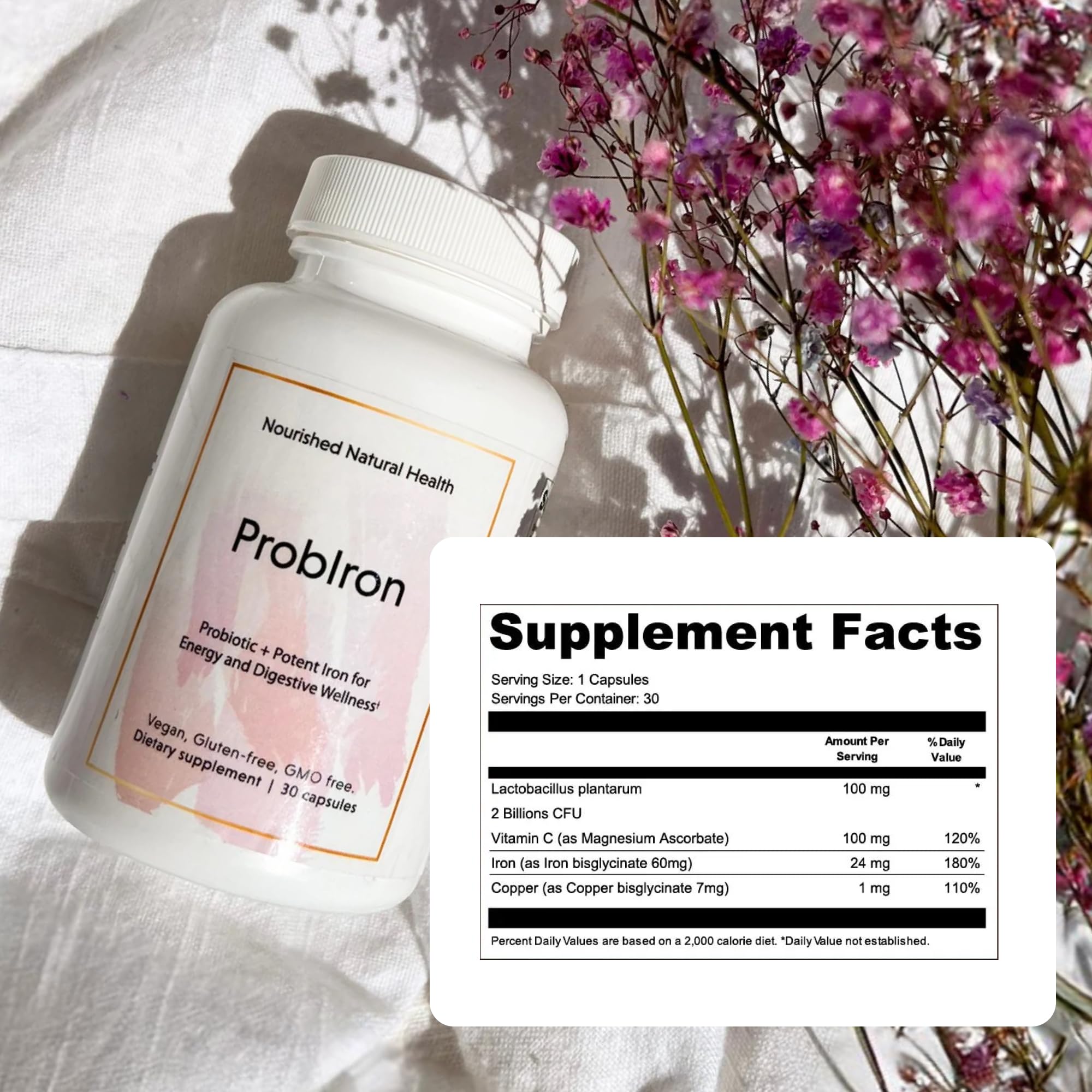 Nourished Natural Health ProbIron capsules close-up highlighting iron bisglycinate