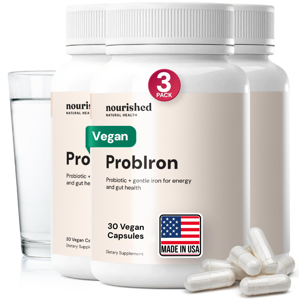 Nourished Natural Health ProbIron bottle cap close-up highlights vegan iron support for energy