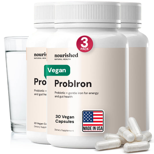 Nourished Natural Health ProbIron bottle cap close-up highlights vegan iron support for energy