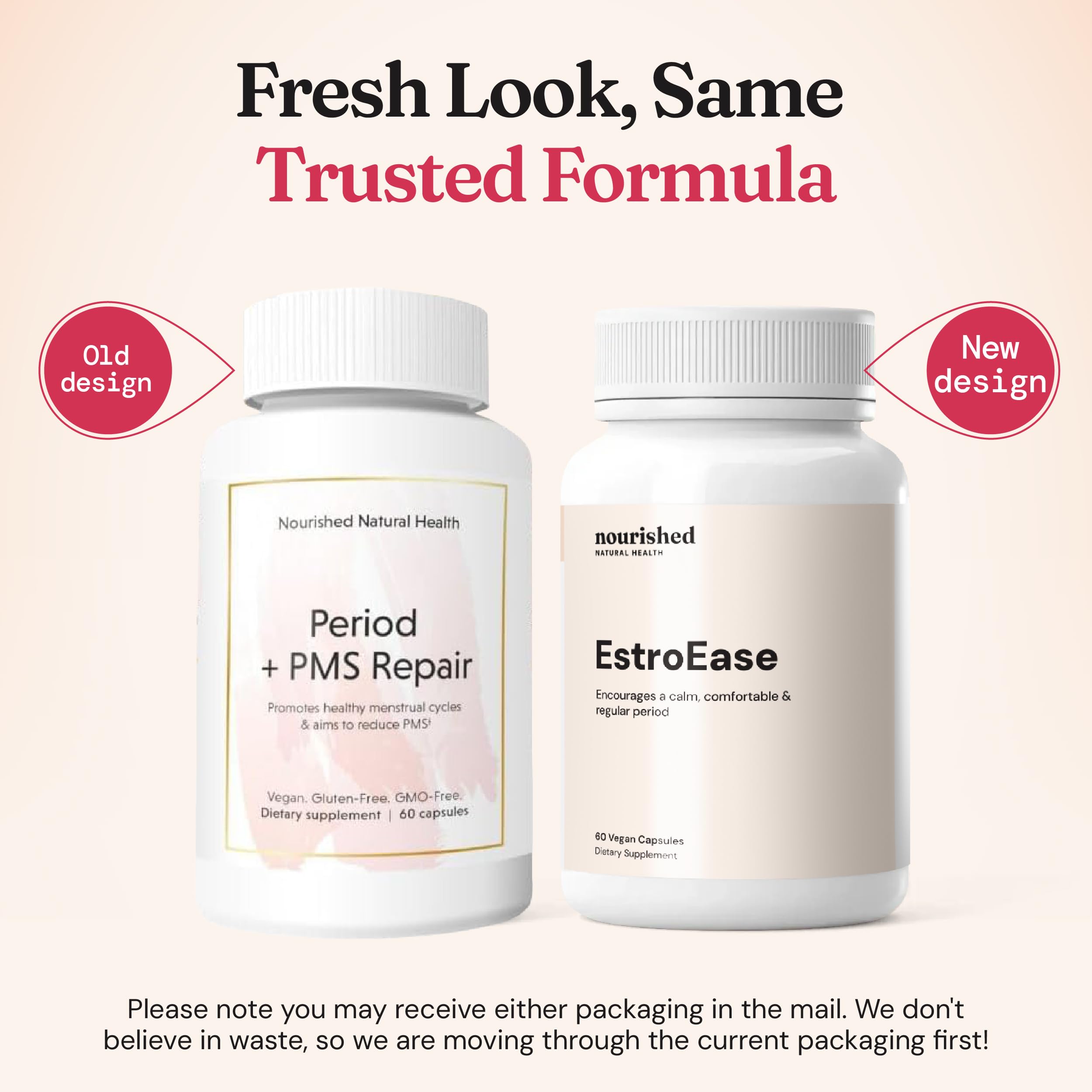 Nourished Period + PMS Repair label close-up showing vegan, dairy-free, and non-GMO features.