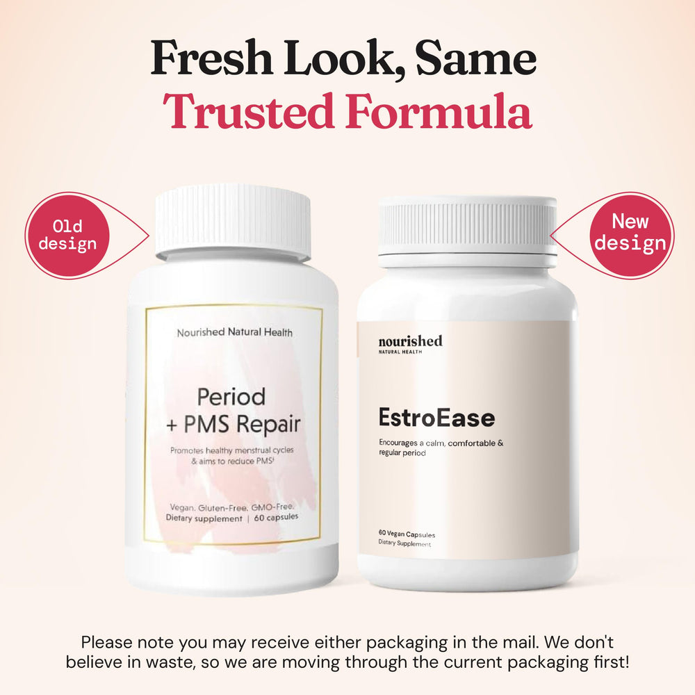 Nourished Period + PMS Repair label close-up showing vegan, dairy-free, and non-GMO features.