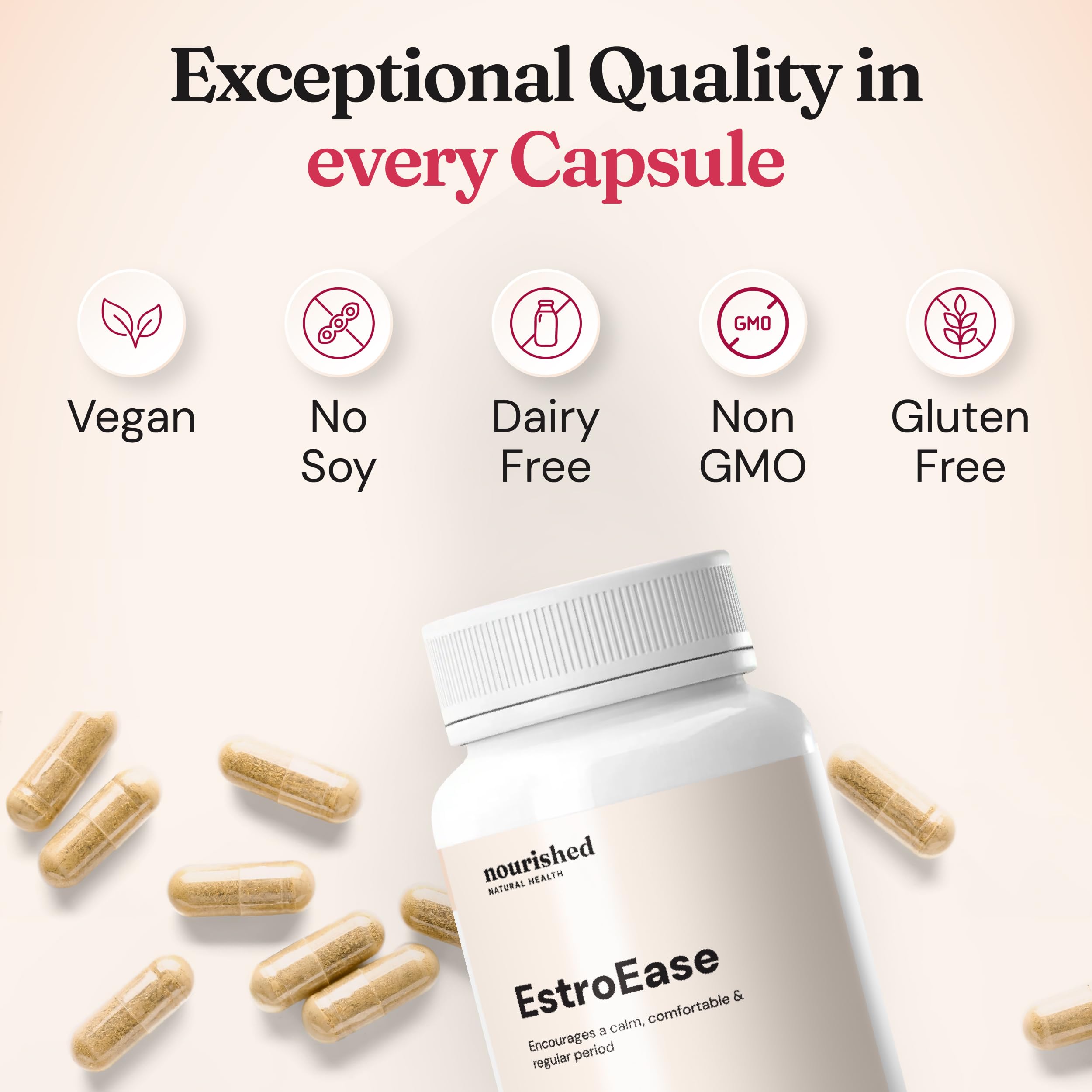 Nourished Period + PMS Repair packaging showing vegan formula and non-GMO claims.