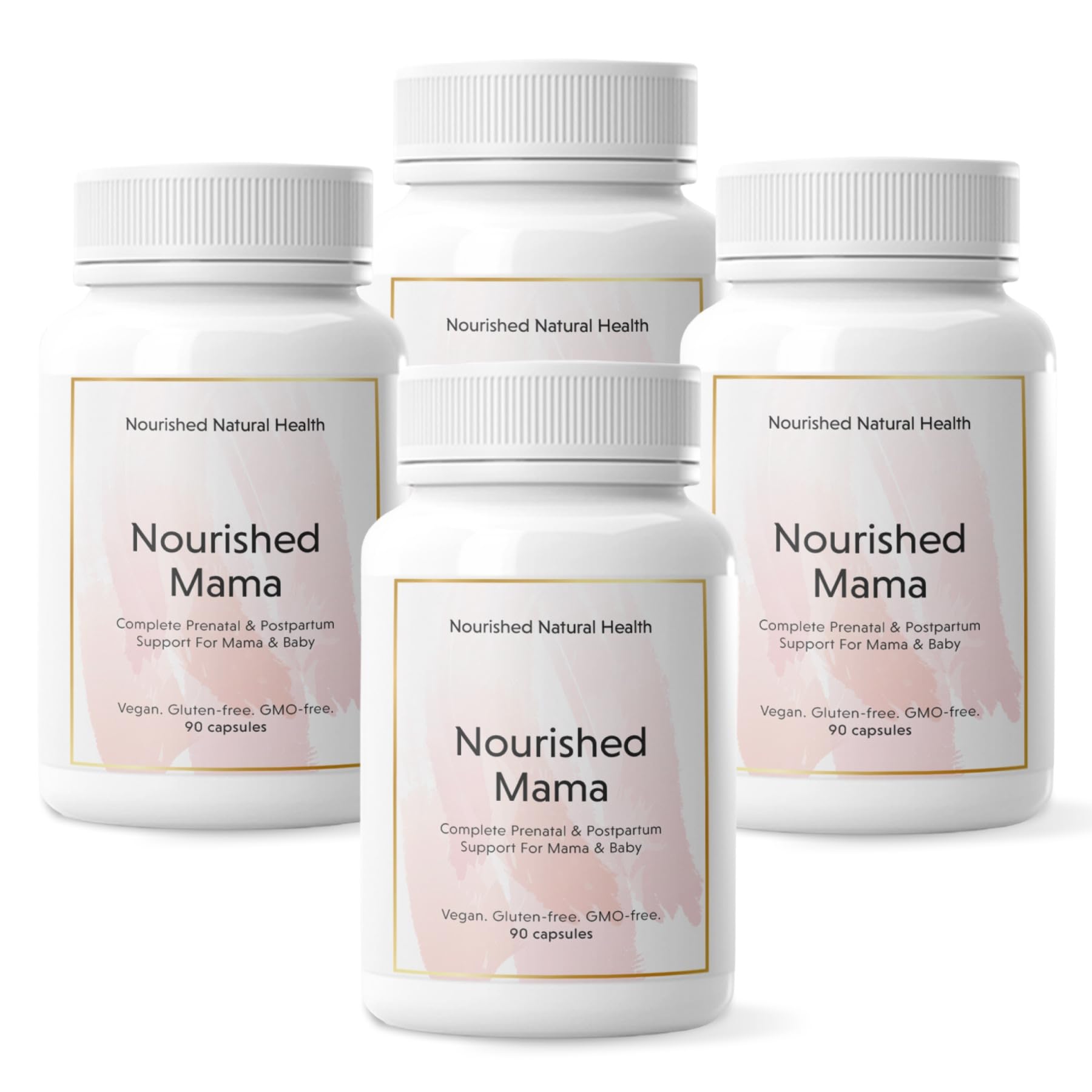 Nourished Prenatal Mama bottle closeup showing 360 servings for ongoing prenatal support