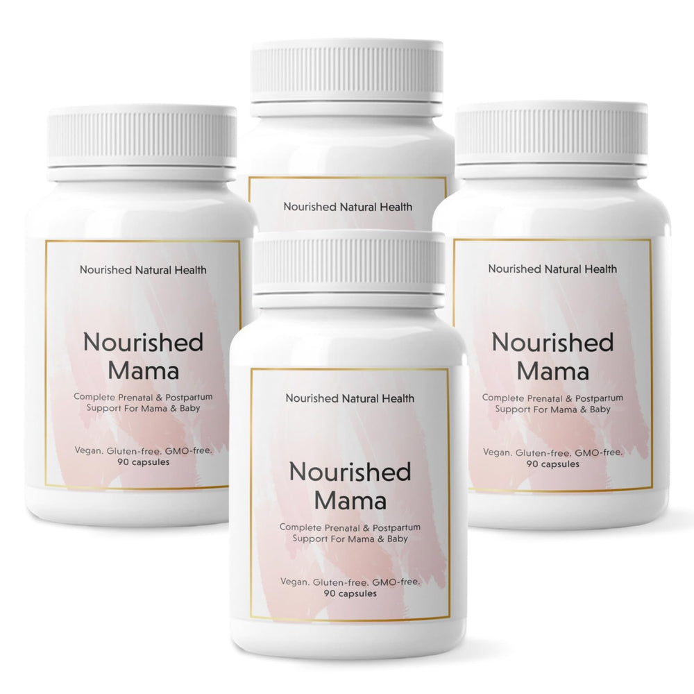 Nourished Prenatal Mama bottle closeup showing 360 servings for ongoing prenatal support