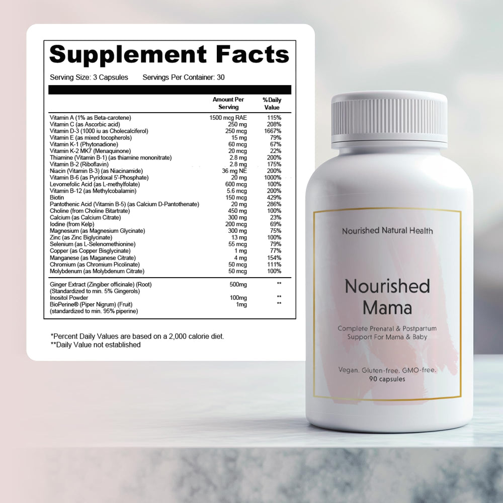 Nourished Prenatal Mama capsules on white surface for easy daily use