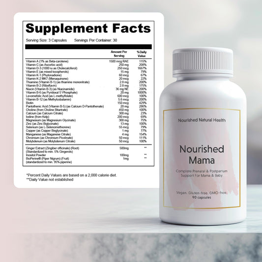 Nourished Prenatal Mama capsules on white surface for easy daily use