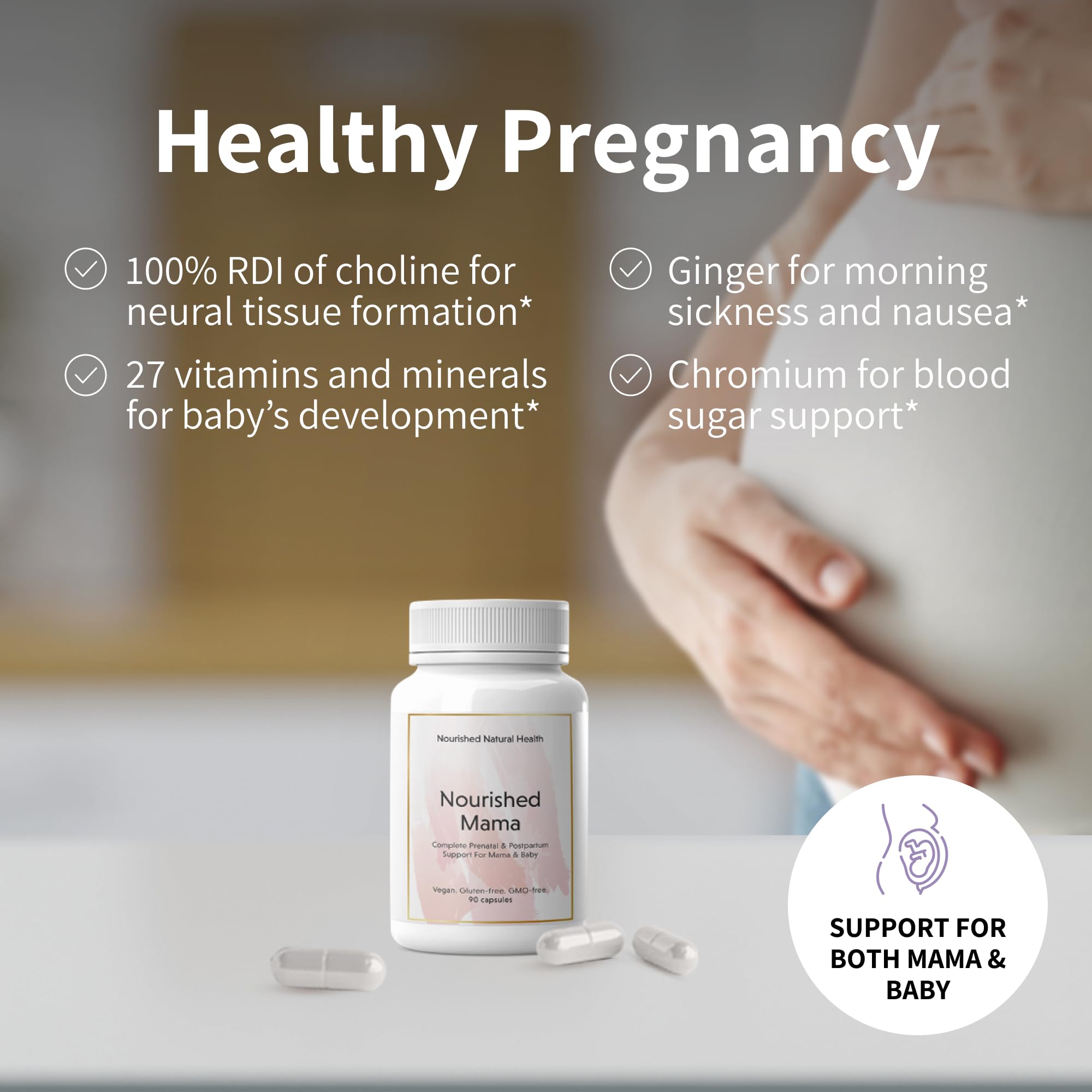 Nourished Prenatal Mama daily dosing scene with water emphasizing easy routine
