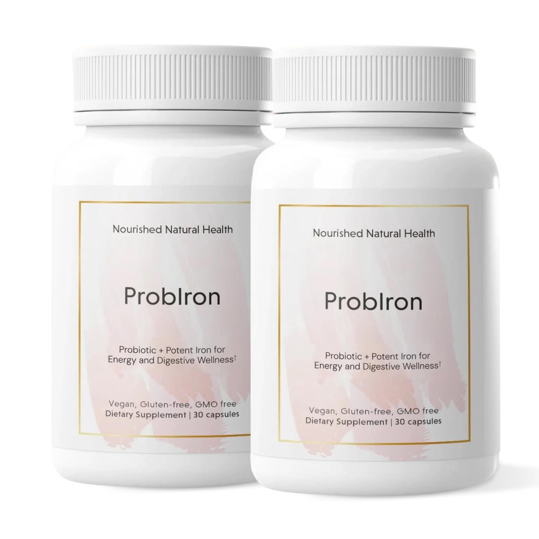 Nourished ProbIron bottle showing vegan iron supplement for energy and digestion support.