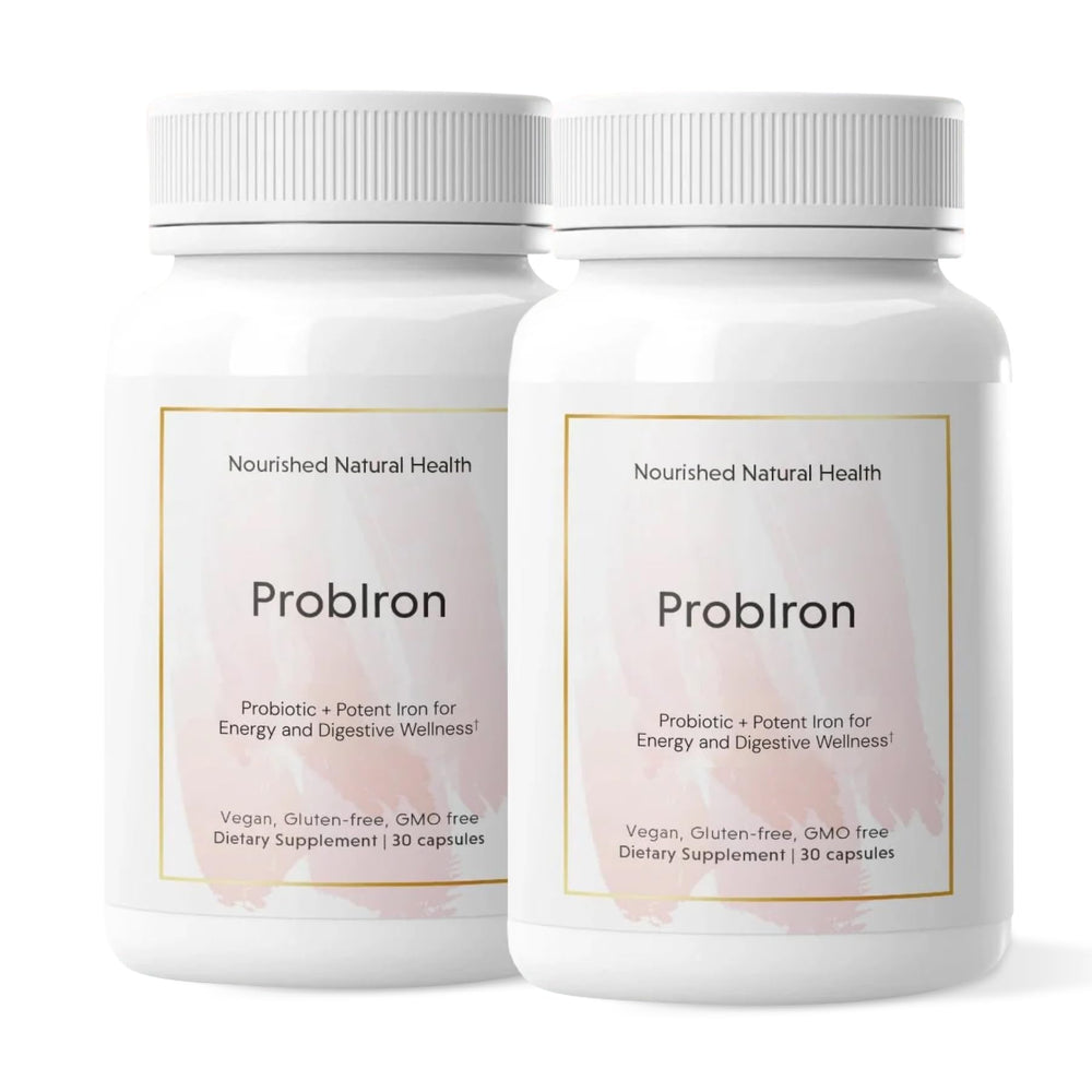 Nourished ProbIron bottle showing vegan iron supplement for energy and digestion support.