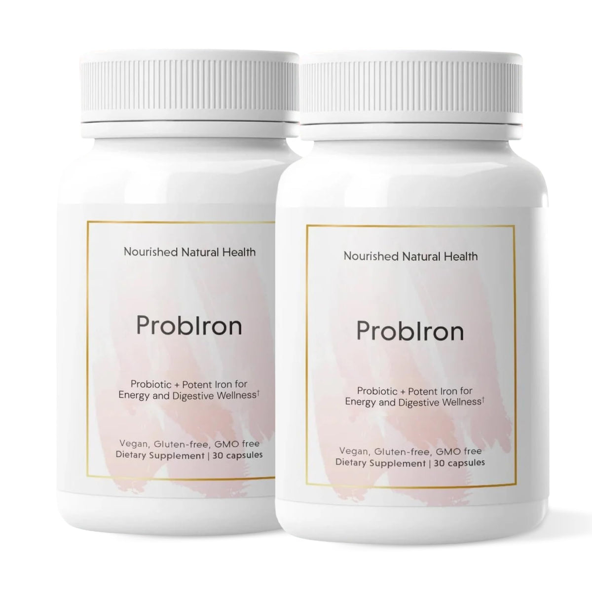Nourished ProbIron bottle showing vegan iron supplement for energy and digestion support.