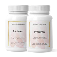 Nourished ProbIron bottle showing vegan iron supplement for energy and digestion support.