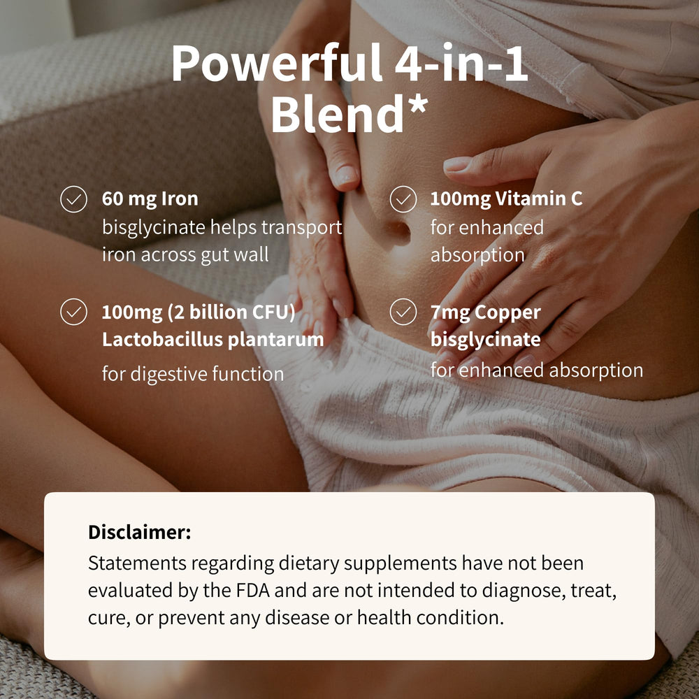 Nourished ProbIron vitamin C copper icon emphasizes synergy for gut comfort.