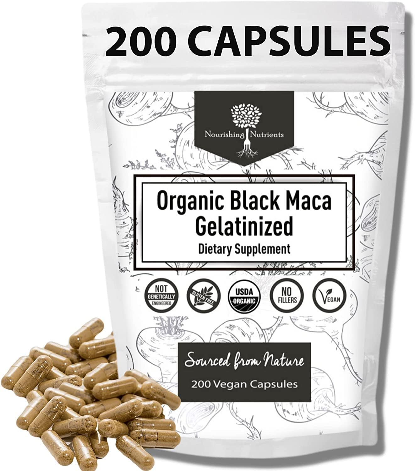 Nourishing Nutrients black maca bottle promoting energy and focus.