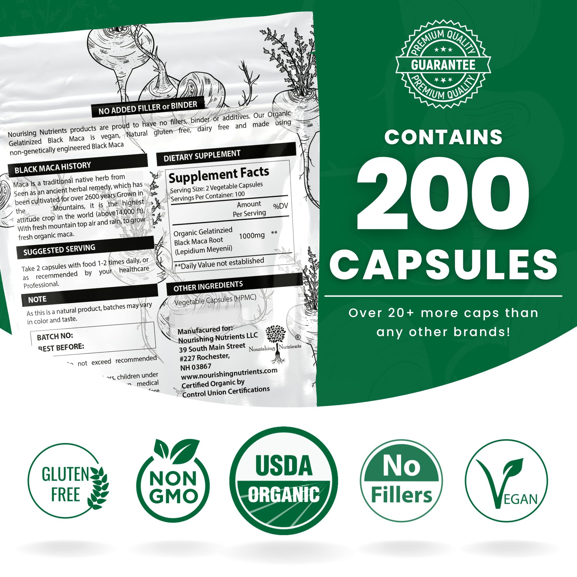 Nourishing Nutrients black maca capsules closeup for daily energy use.