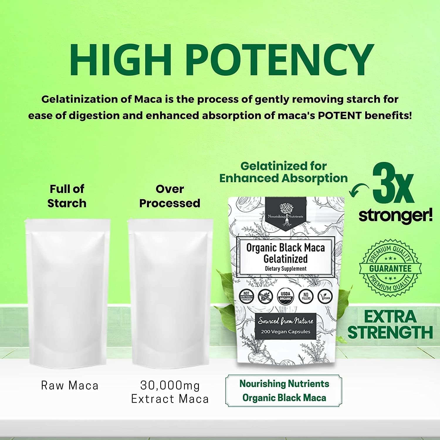 Nourishing Nutrients black maca packaging closeup notes vegan and gluten-free.