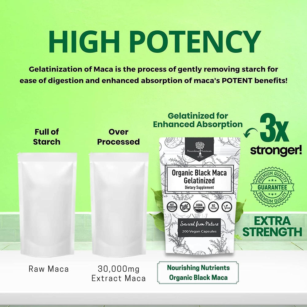 Nourishing Nutrients black maca packaging closeup notes vegan and gluten-free.