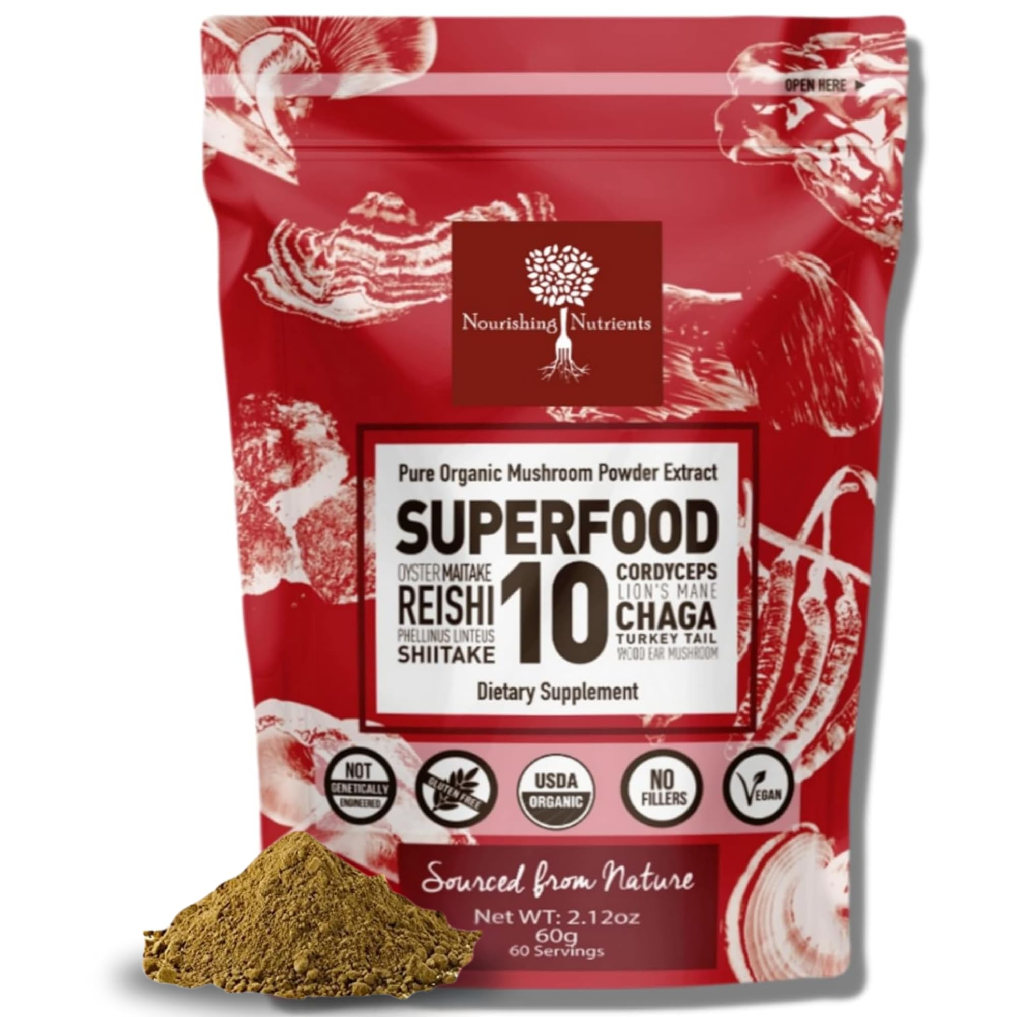 Nourishing Nutrients organic mushroom powder extract packaging, signaling quality