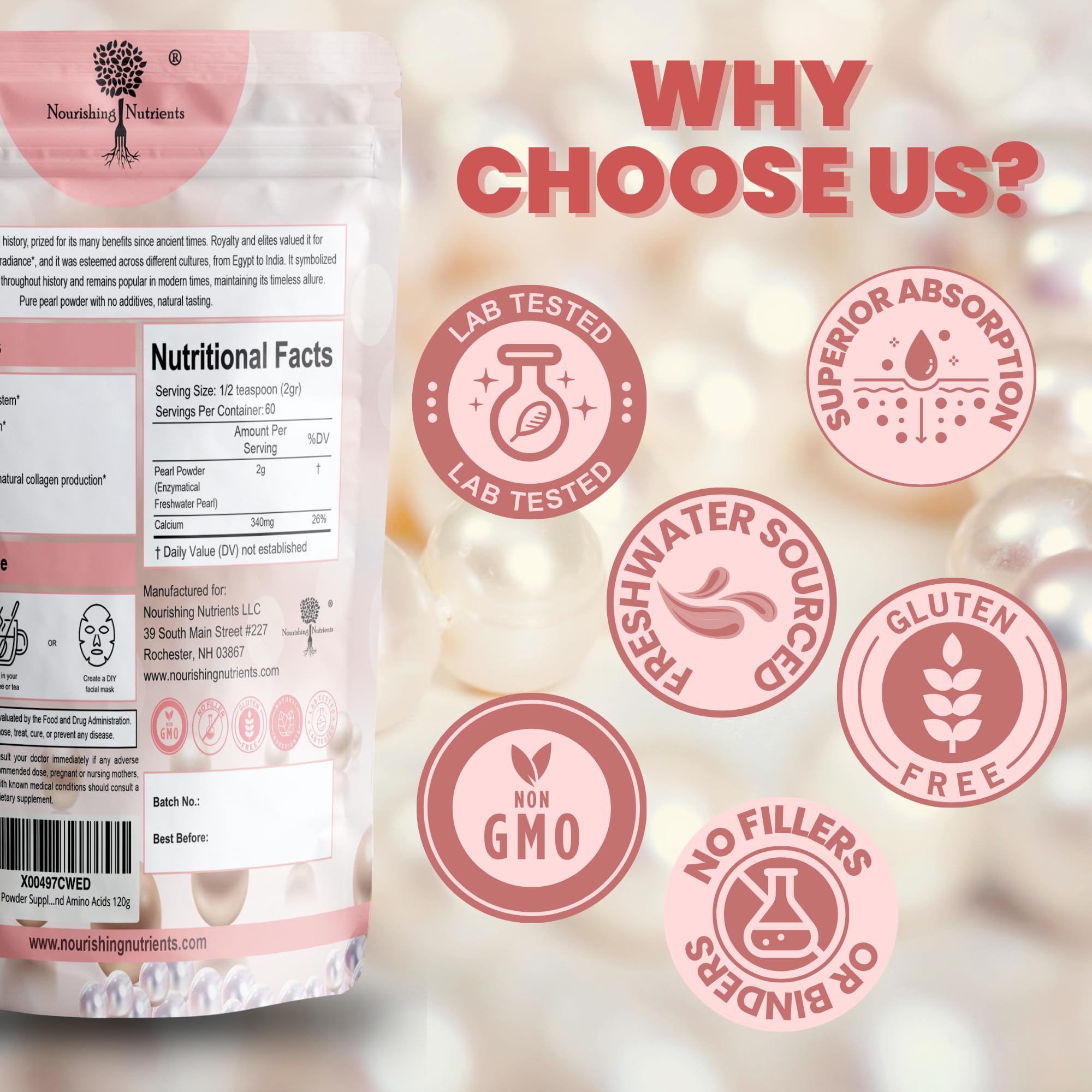 Close-up of Nourishing Nutrients Pearl Powder jar highlighting minerals and calcium.
