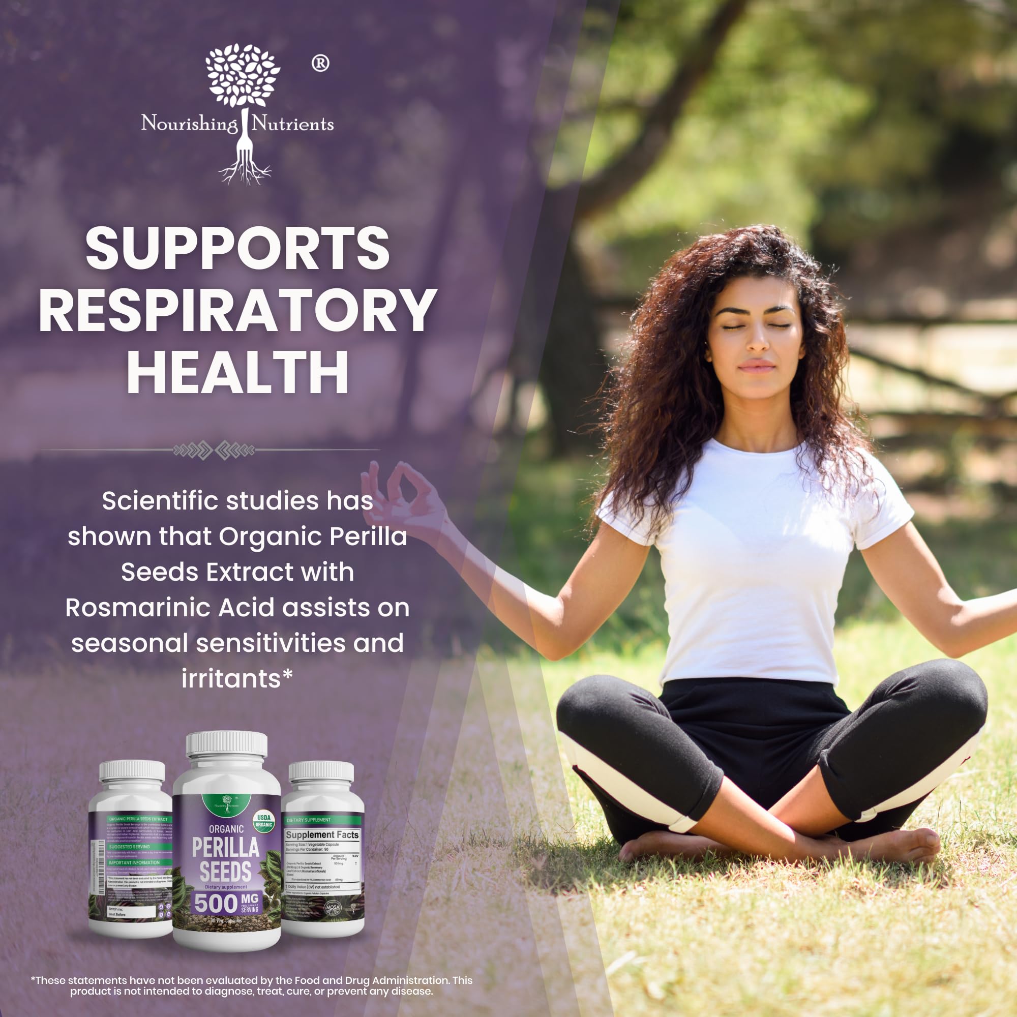 Nourishing Nutrients Perilla seed extract capsules beside green label for purity.