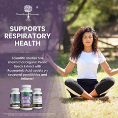Nourishing Nutrients Perilla seed extract capsules beside green label for purity.