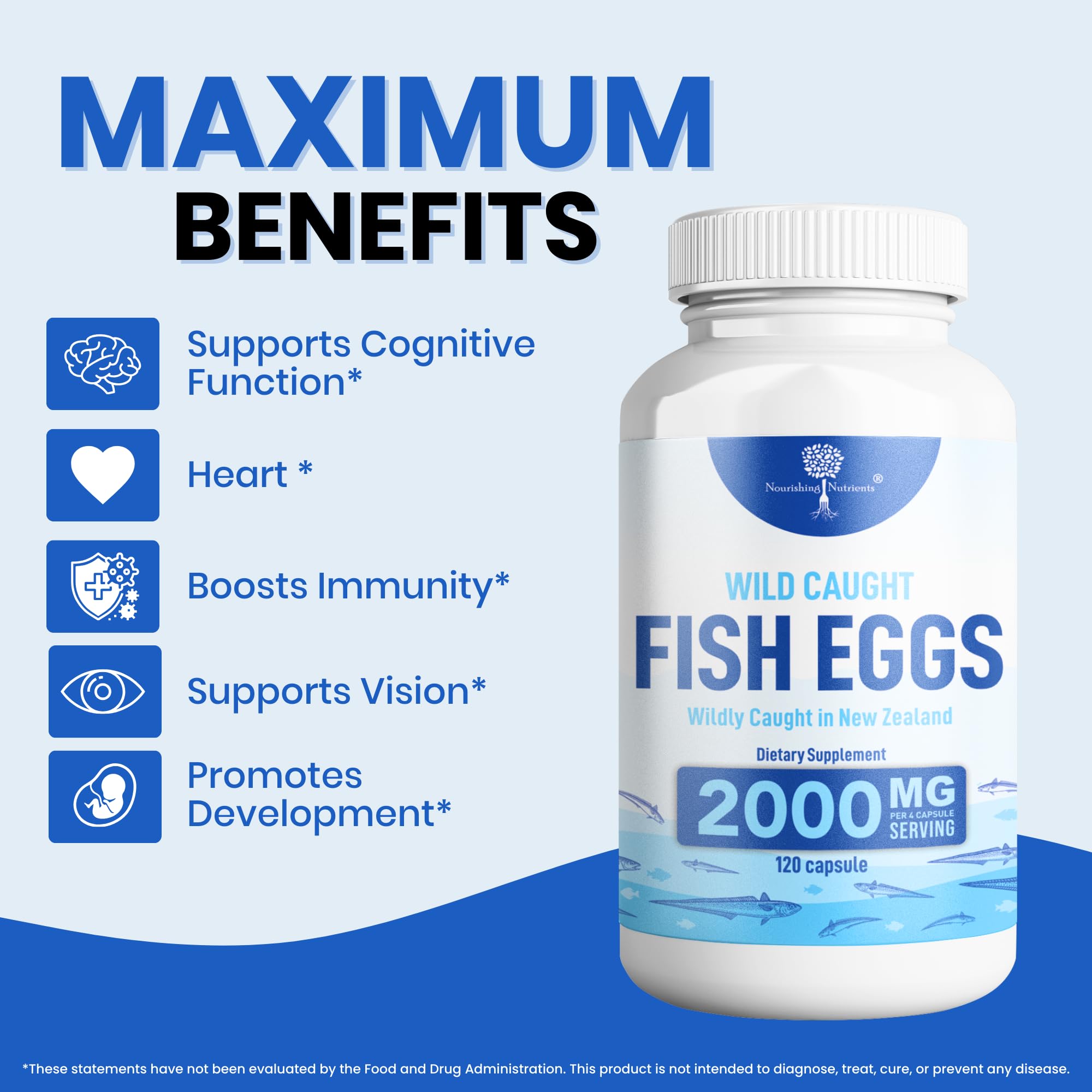 Nourishing Nutrients fish eggs capsules packaging emphasizes DHA and EPA for brain clarity