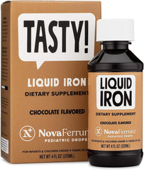 NovaFerrum Tasty chocolate-flavored drops bottle appealing to kids and supporting daily iron intake