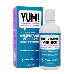 NovaFerrum Yum 16oz bottle front; gluten-free and sugar-free iron support for kids