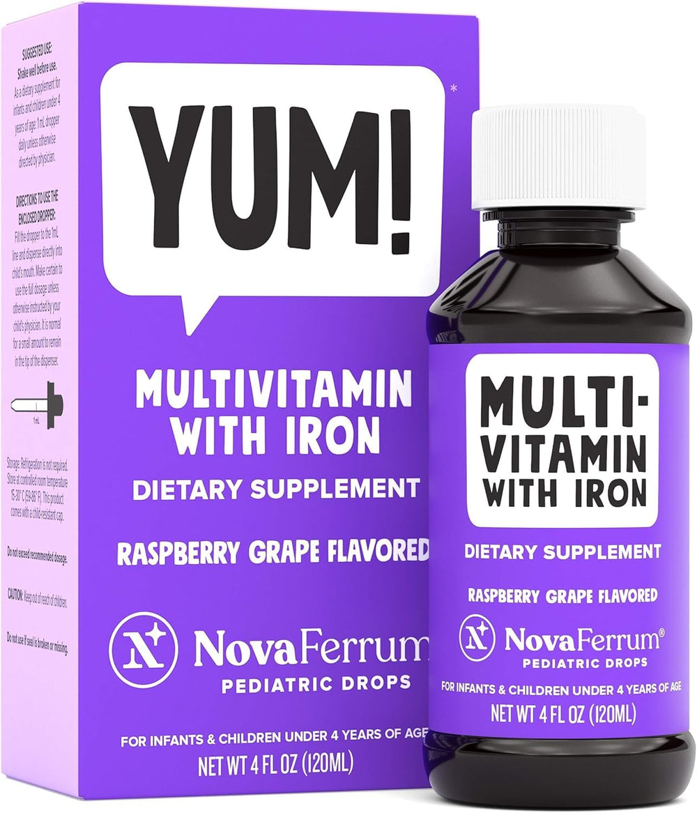 NovaFerrum Yum bottle with raspberry grape flavor for daily iron support.