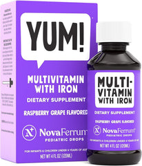 NovaFerrum Yum bottle with raspberry grape flavor for daily iron support.