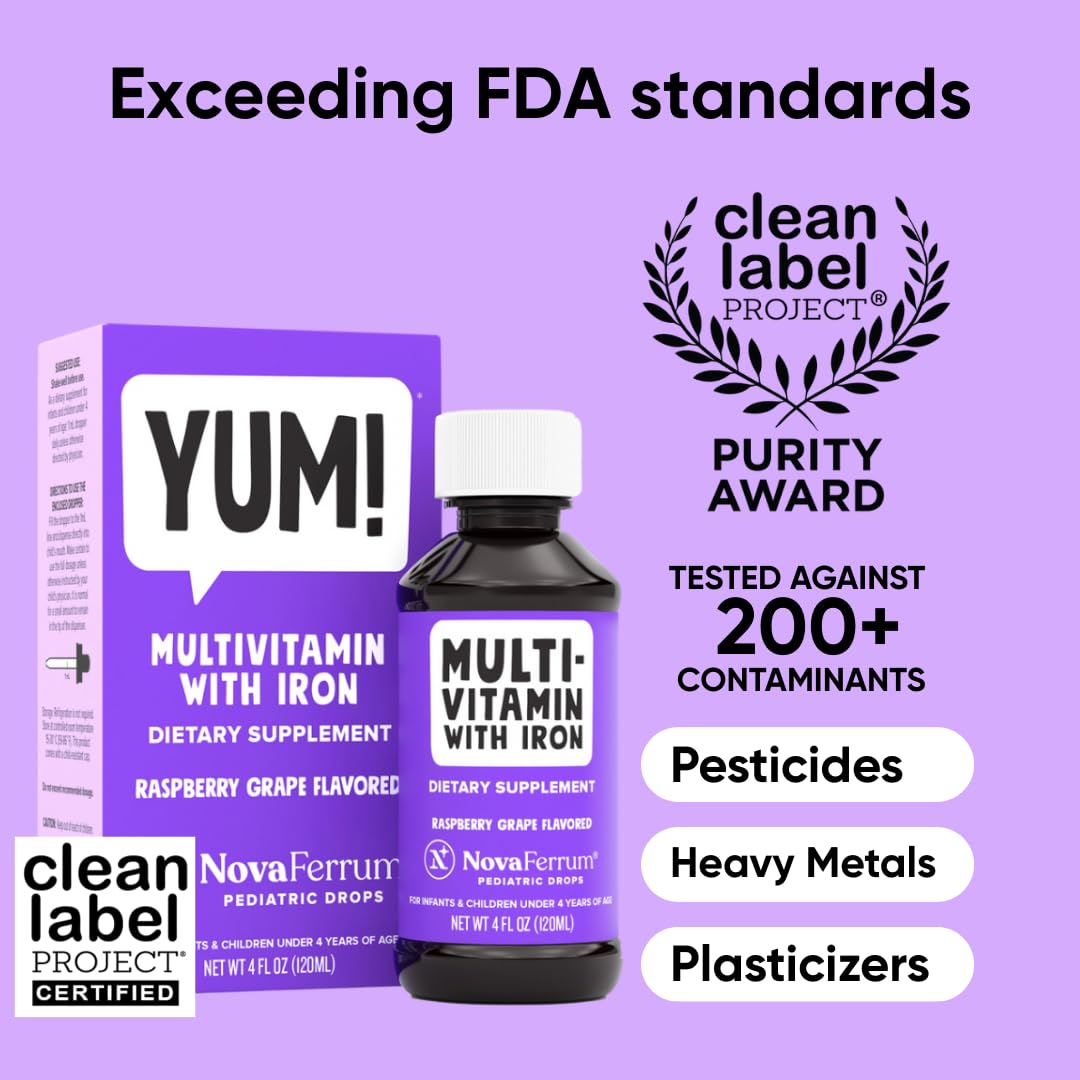 NovaFerrum Yum dropper delivering measured servings into juice or formula.