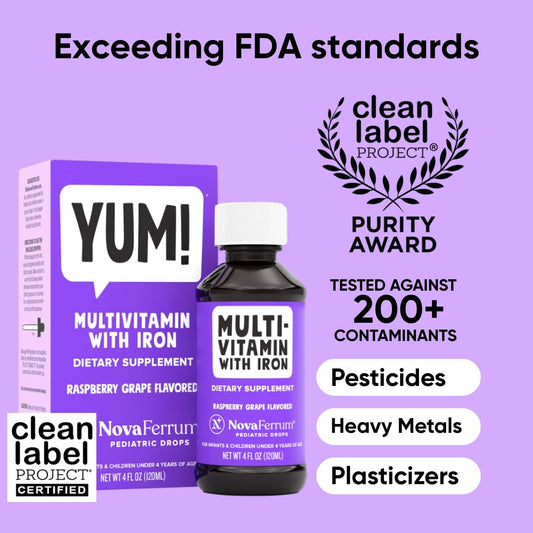 NovaFerrum Yum dropper delivering measured servings into juice or formula.