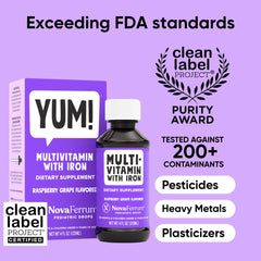 NovaFerrum Yum dropper delivering measured servings into juice or formula.
