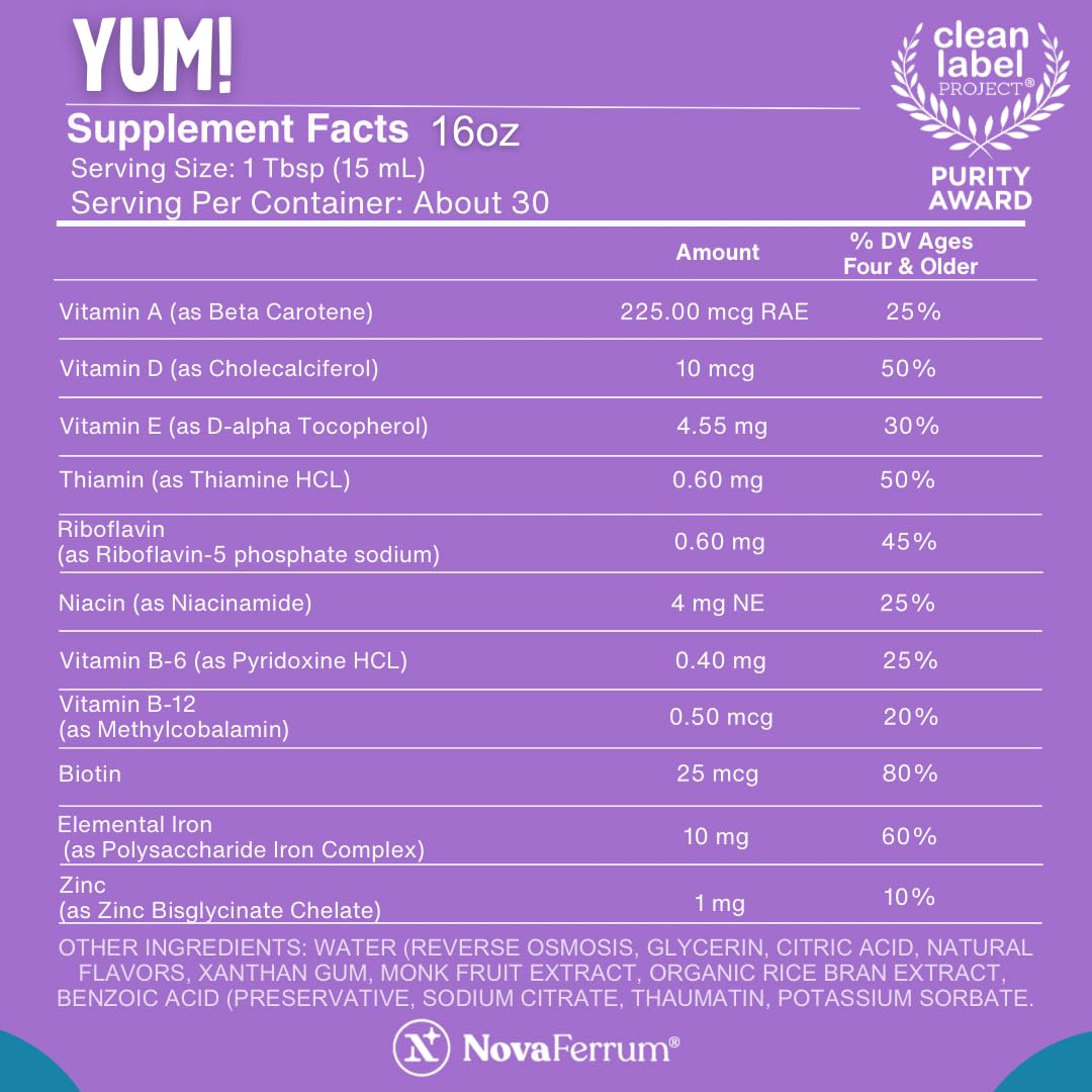 NovaFerrum Yum label closeup; natural fruit flavors and caffeine-free formula