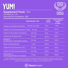 NovaFerrum Yum label highlights gluten-free and sugar-free formula for kids.