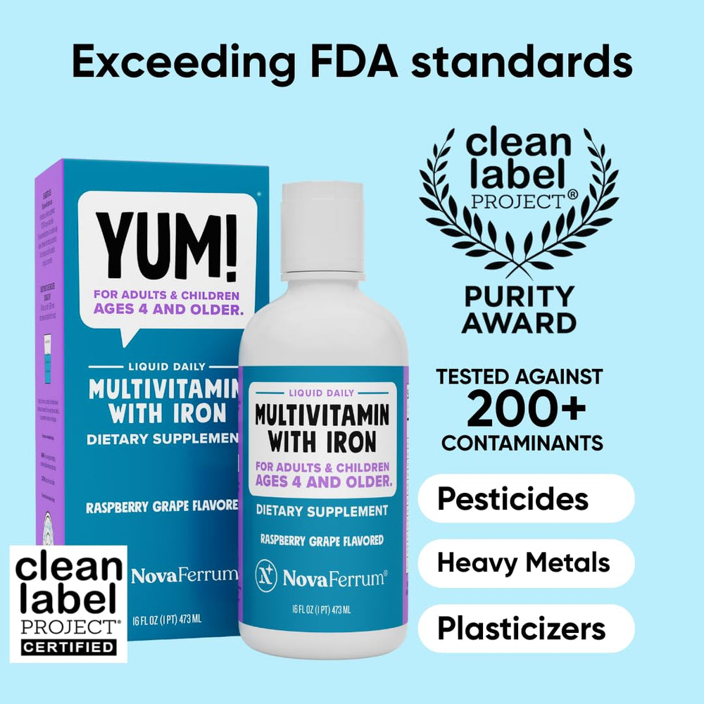 NovaFerrum Yum pour into glass; easy mixing with juice or formula