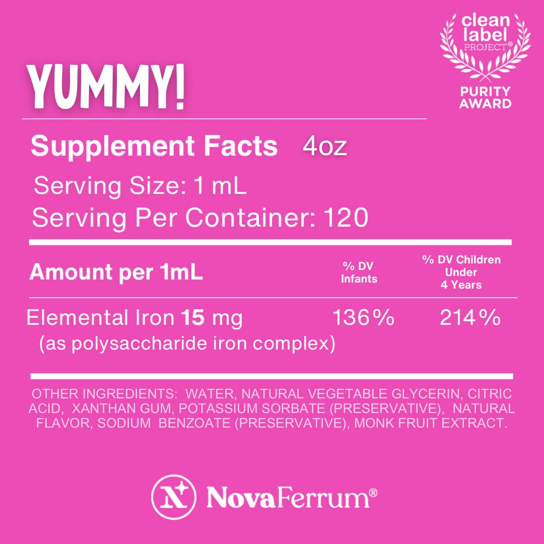 NovaFerrum Yummy bottle front with gluten-free and sugar-free labels.