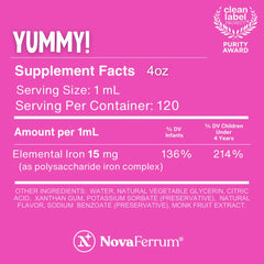 NovaFerrum Yummy bottle front with gluten-free and sugar-free labels.