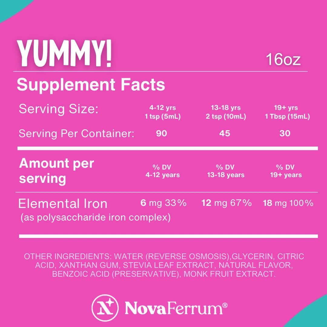 NovaFerrum Yummy dosing for kids promotes daily iron routine.