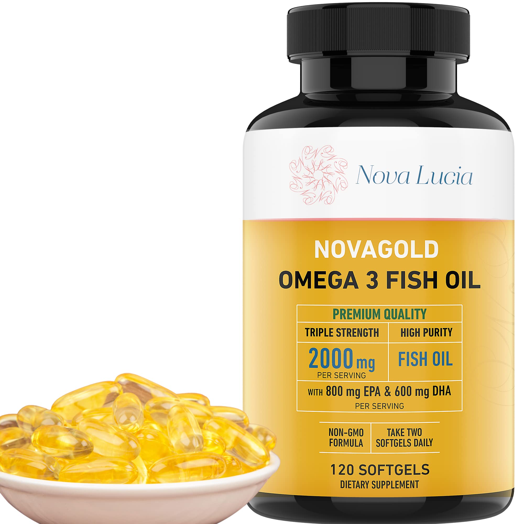 Nova Lucia NovaGold Omega 3 softgel bottle for daily wellness support
