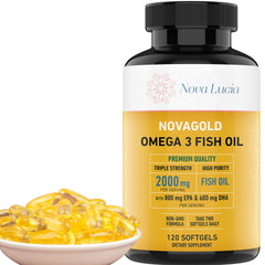 Nova Lucia NovaGold Omega 3 softgel bottle for daily wellness support