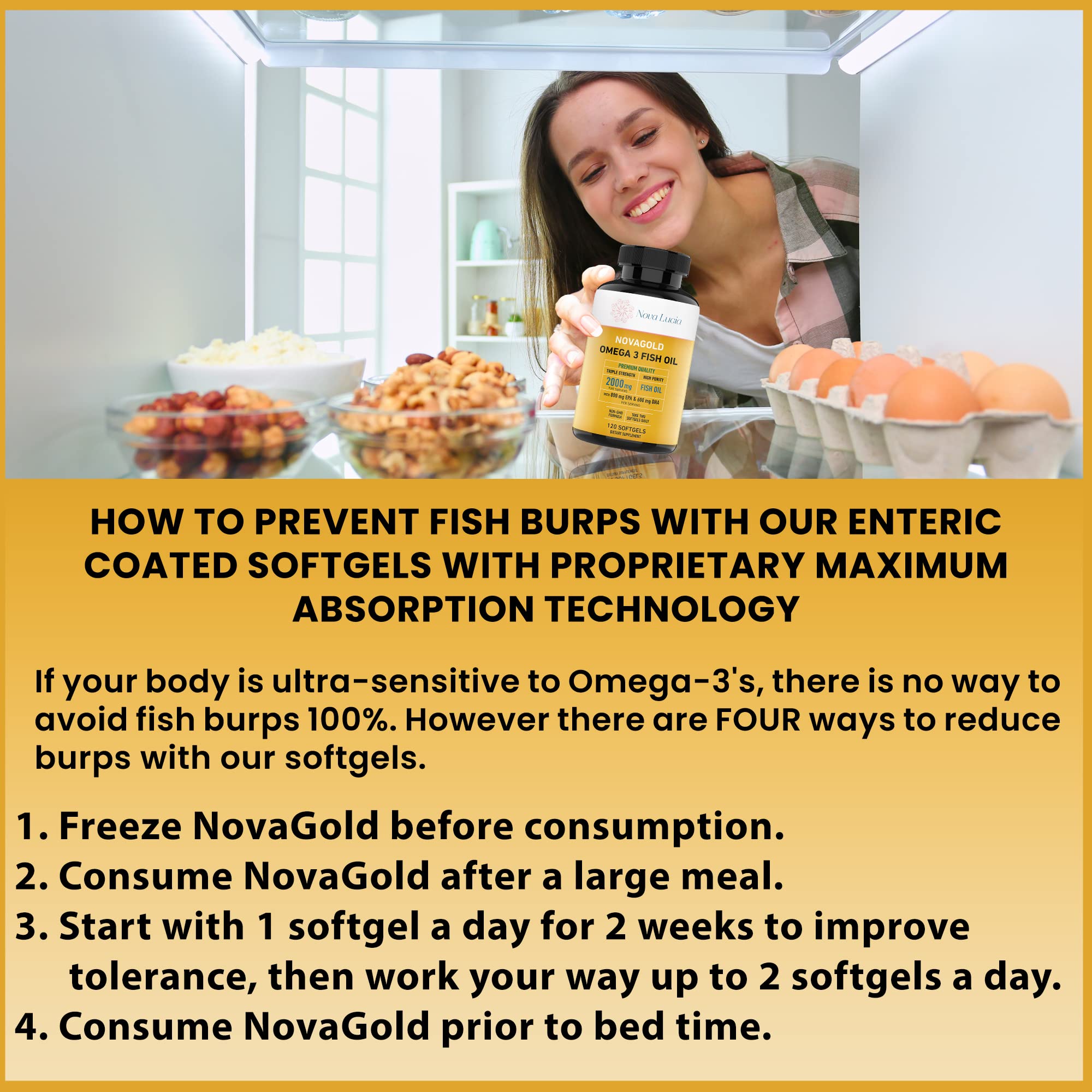 Close-up of NovaGold Omega 3 softgels showing smooth texture for easy swallowing