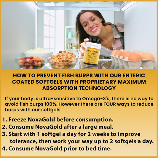 Close-up of NovaGold Omega 3 softgels showing smooth texture for easy swallowing