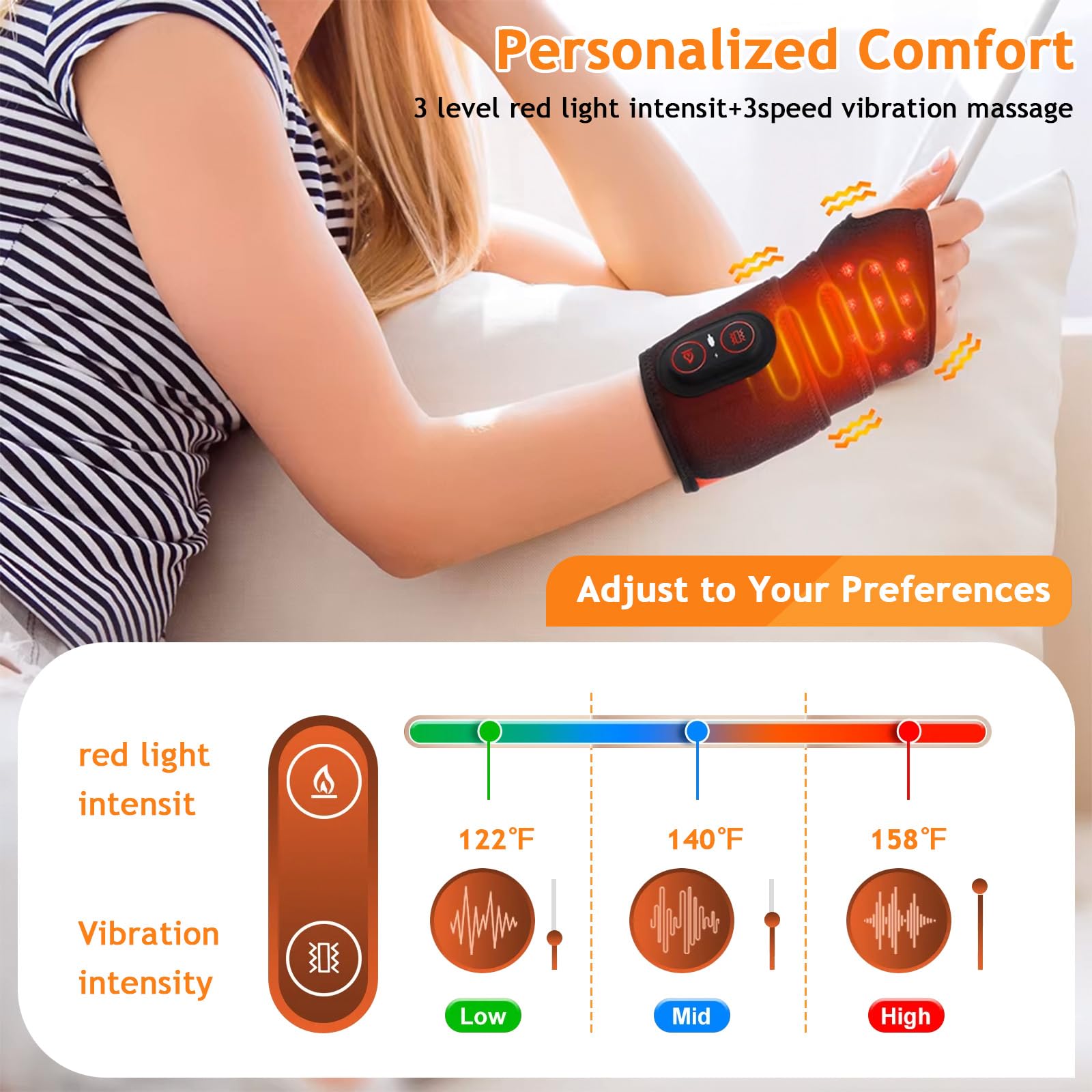 Novalume red light wrist wrap control panel close-up highlighting heat and vibration options