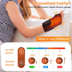 Novalume red light wrist wrap control panel close-up highlighting heat and vibration options