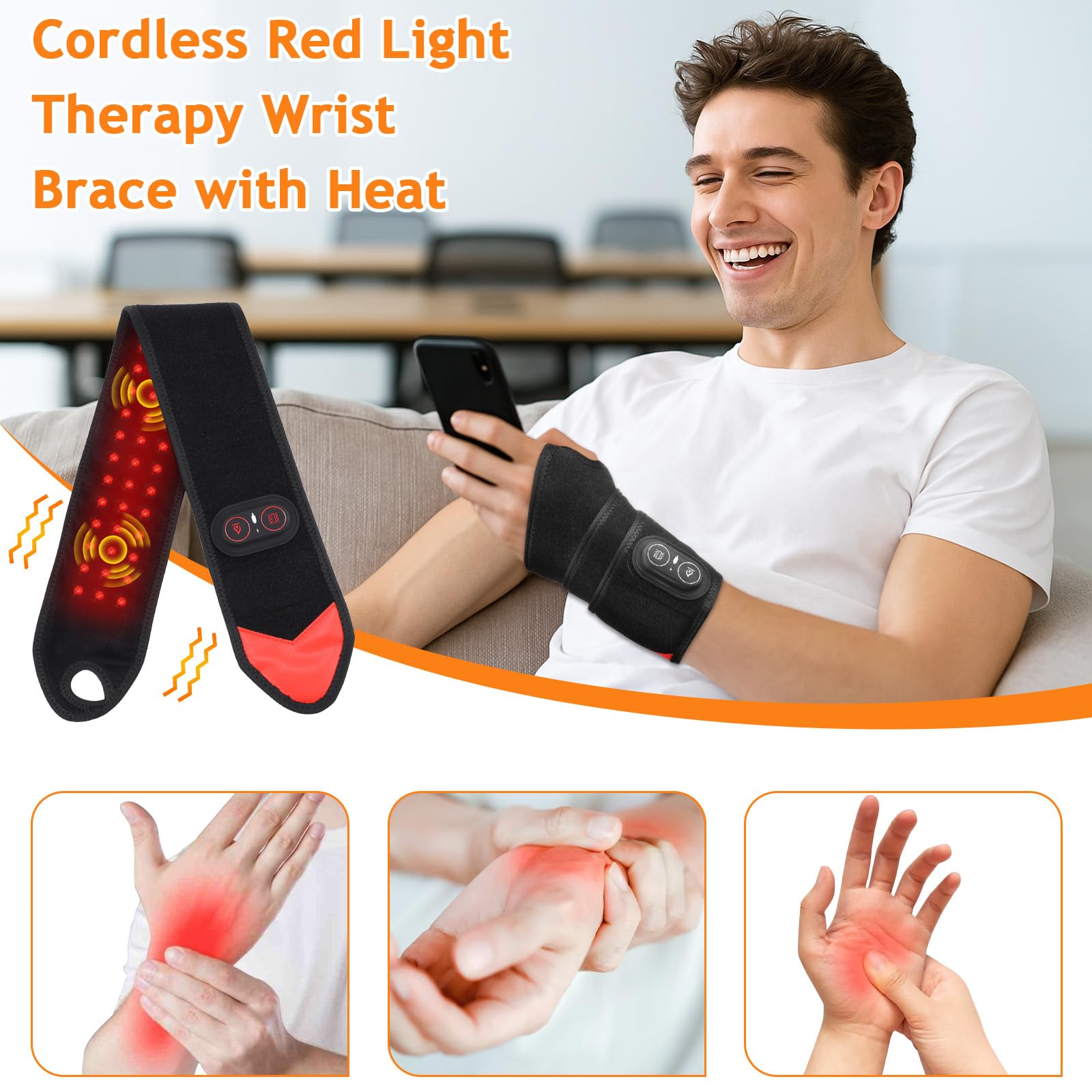 Novalume red light wrist wrap worn-on-hand demonstrates cordless convenience