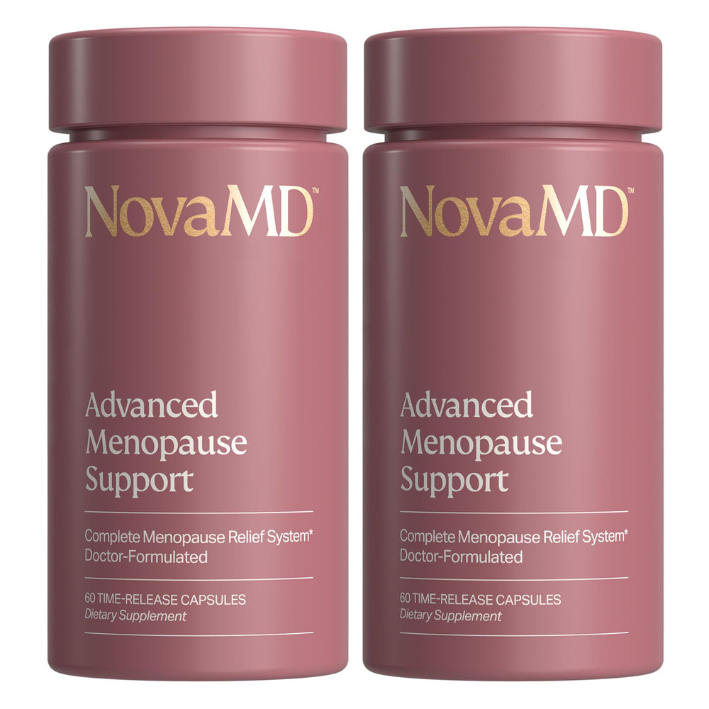 NOVAMD Clinically Proven Menopause Supplement bottle with capsules suggesting energy and balance.