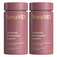 NOVAMD Clinically Proven Menopause Supplement bottle with capsules suggesting energy and balance.