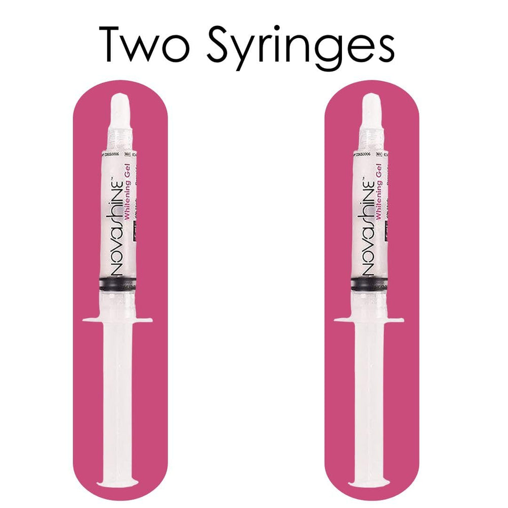 Close-up of the Novashine gel syringe showing precise application for whitening.