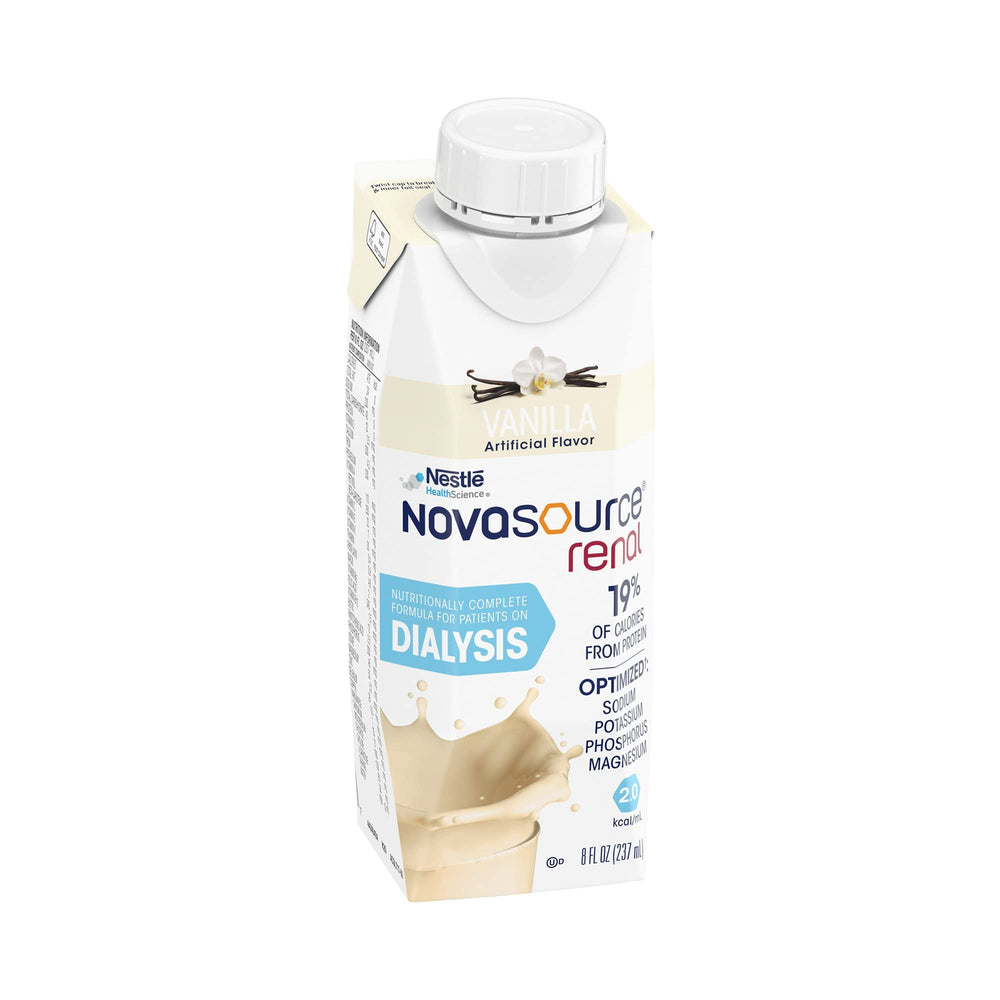 Novasource Renal Vanilla nutrition facts image communicates protein and calories per carton